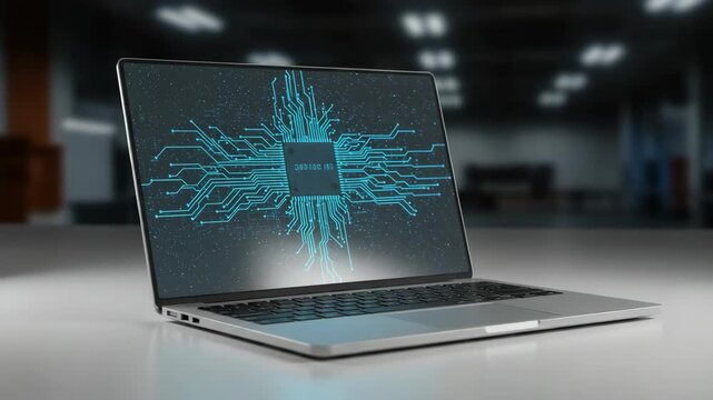 Silver Laptop Displaying Blue Circuitry Graphic on Screen in a Blurred Dark Background with Focus on Central Processing Unit Technology