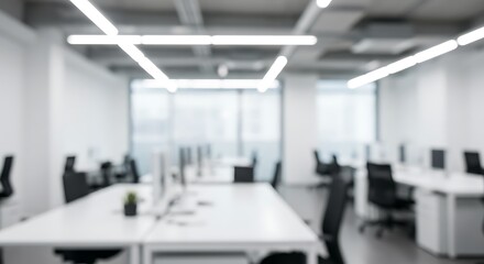 Minimalist and Blurred background of spacious minimalist coworking office featuring sleek white desks, black chairs, and abundant natural light, creating a productive and inspiring work environment.