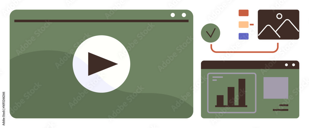 Poster play button on video screen, chart, and infographic elements connected through lines. ideal for medi
