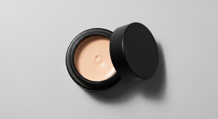 Open Jar of Beige Foundation Cream on Grey Background, Skincare Product