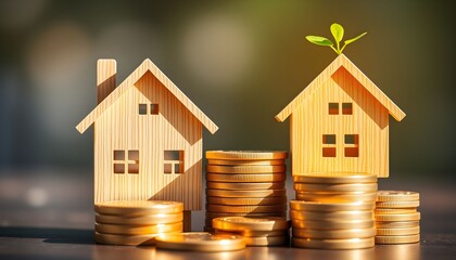 Wooden houses with stacks of gold coins, symbolizing real estate investment and financial growth.