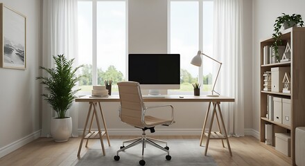 Minimalist and Modern home office with computer monitor on wooden desk paired with a comfortable...