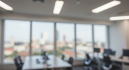 Fototapeta premium Minimalist and Beautiful blurred background of a light modern office interior with panoramic windows and beautiful lighting.