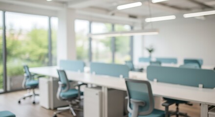 Creative take on Blurred background of a bright and modern coworking space featuring modular white desks and ergonomic chairs, designed for productivity and collaboration with ample natural light.
