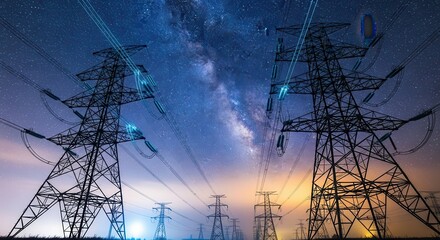 Power Lines and Milky Way at Night, Energy and Technology Concept