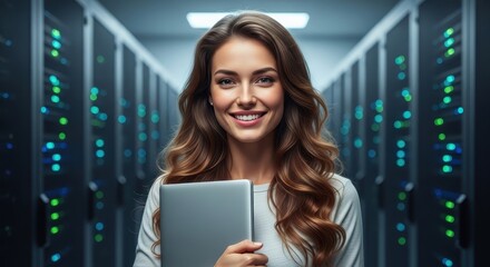 Smiling Woman in Server Room Holding Laptop - Data Center Technology