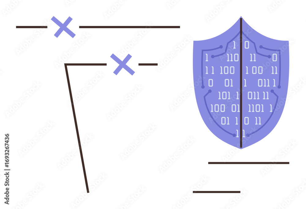 Poster shield with binary code, lines, and crosses evoking data protection. ideal for cybersecurity, techno