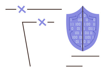 Shield with binary code, lines, and crosses evoking data protection. Ideal for cybersecurity, technology, encryption, safety, privacy programming defense. A simple flat metaphor