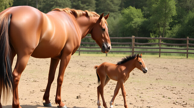 Thoroughbred horse mares and foals in paddock