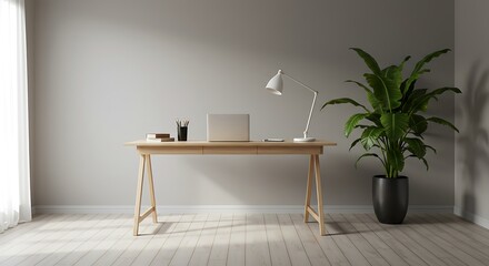 Minimalist and Empty workplace with desk and plant in office room, copy space. work from an atmospheric home office full of green plant