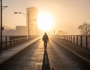 Silhouette of a Man Walking on a Bridge in Foggy City at Dawn &ndash; Atmospheric Urban Photography