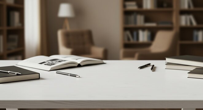 Minimalist and Cropped shot of white table with books, stationery and copy space in blurred study room