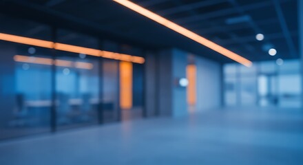 abstract blur modern interior inside entrance building of office in blue background with orange light effect concept