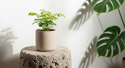 Potted Plant on Stone Pedestal with Monstera Leaf Shadow