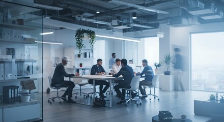 Fototapeta premium Creative take on Abstract blurred interior modern office space with business people working banner background