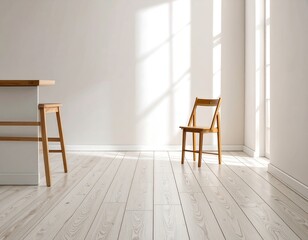 Empty bright kitchen interior with wooden furniture
