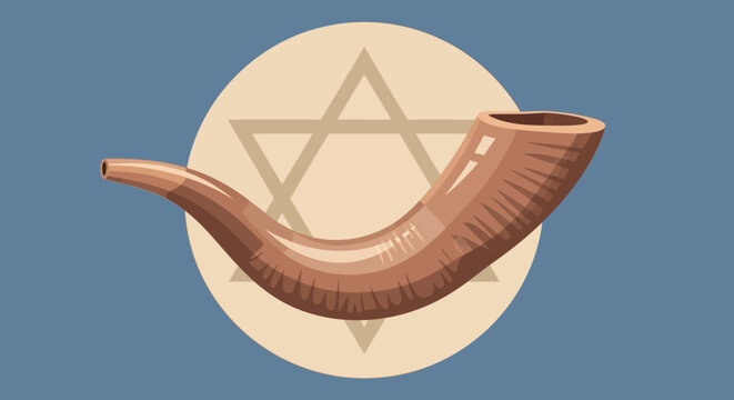 Illustration of a shofar horn, a traditional Jewish instrument, set against a Star of David. - Powered by Adobe