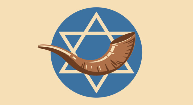 Illustration depicting a shofar horn and Star of David, symbols of Judaism, on a beige background.