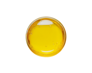 Overhead View of Circular Glass Dish Filled with Clear Golden Liquid on Transparent Black Background for Food Photography and Culinary Illustration