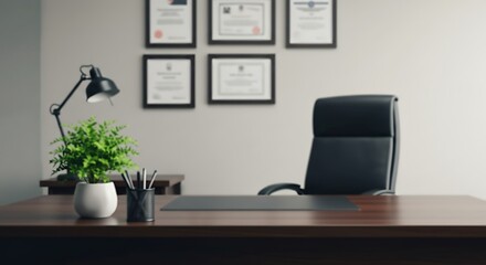 Creative take on Defocused Background of Modern Office Interior Design with Desk, Chair, Green Plant, and Framed Certificates in Professional Setting. Blurred Background Photo.