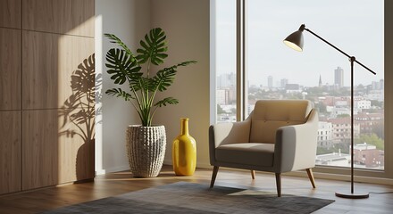 modern office interior with armchair in front of window, big plant in a plant pot, yellow vase, table lamp