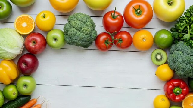Vibrant Fruits and Vegetables Bordering White Wooden Surface Featuring Assorted Fresh Produce in a Flat Lay Composition for Healthy Eating Concept