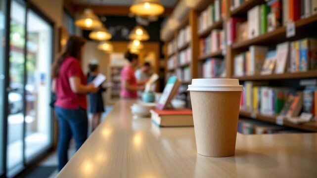 Coffee cup in bookstore: A single coffee cup stands at the forefront, capturing the warm, inviting atmosphere of a vibrant bookstore, with patrons perusing shelves.