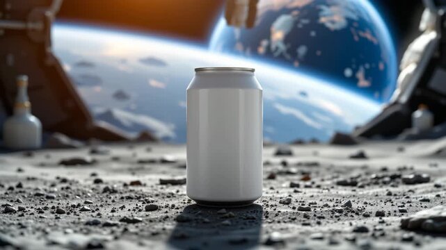 The Interstellar Refreshment: A sleek metallic can stands in the desolate expanse of an alien moonscape, offering a glimpse into the future of refreshment amid celestial marvels.