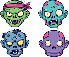 Cartoon zombie heads set, colorful undead characters, scary monster faces, Halloween horror illustration, spooky vector art, cad drawing flat vector illustration