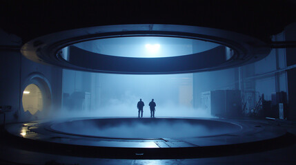 Engineers standing inside futuristic experimental facility.