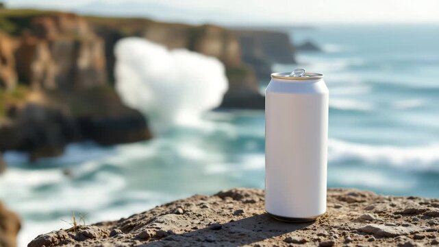 Seaside Drink Refreshment: A sleek, unbranded drink can rests poised on a rocky outcrop, offering a refreshing counterpoint to the vast, sun-kissed ocean. 
