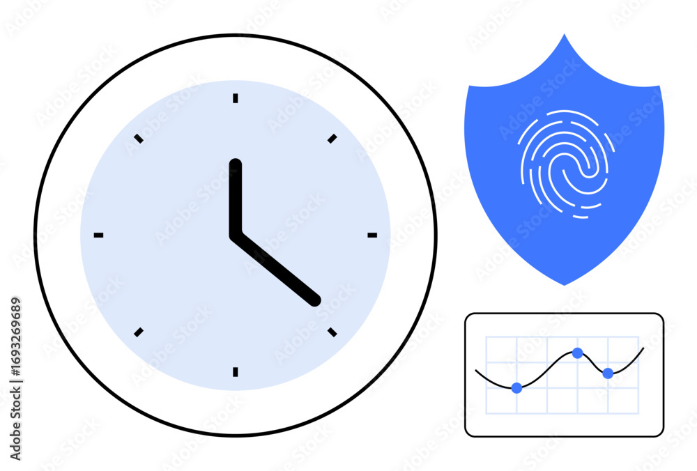 Aufkleber clock representing time management, fingerprint security shield, and graph for data insights. ideal 