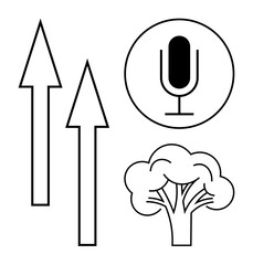 Arrows indicating upward movement, a microphone in a circular frame, and a simplified tree. Ideal for concepts thumbs up growth, creativity, progress, environment, communication, leadership simple