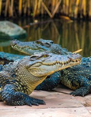 Obraz premium Two crocodiles resting near water