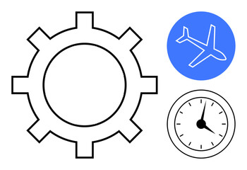 Large gear for productivity, airplane in a blue circle for travel, and clock for time. Ideal for teamwork, efficiency, scheduling, logistics, planning, transport simple flat metaphor