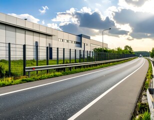 Empty highway leading to modern factory