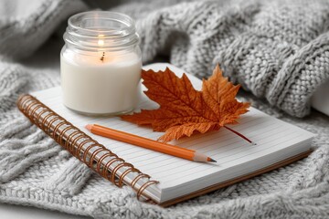 Cozy autumnal notebook with candle and leaf