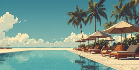 Obraz premium Tropical resort pool scene, idyllic beach