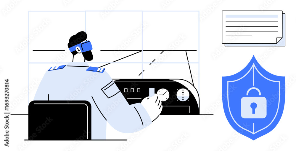 Poster pilot wearing uniform operating control panel in a tower, secure padlock shield and document represe