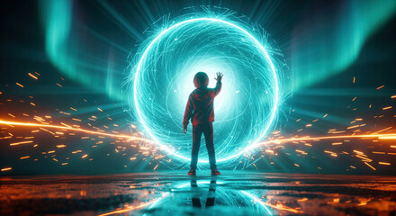 Child silhouette glowing portal blue light sparks futuristic science fiction digital energy night adventure wonder standing on ground magical atmosphere curiosity fantasy scene