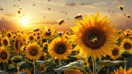 Obraz premium Sunflowers and bees at sunset