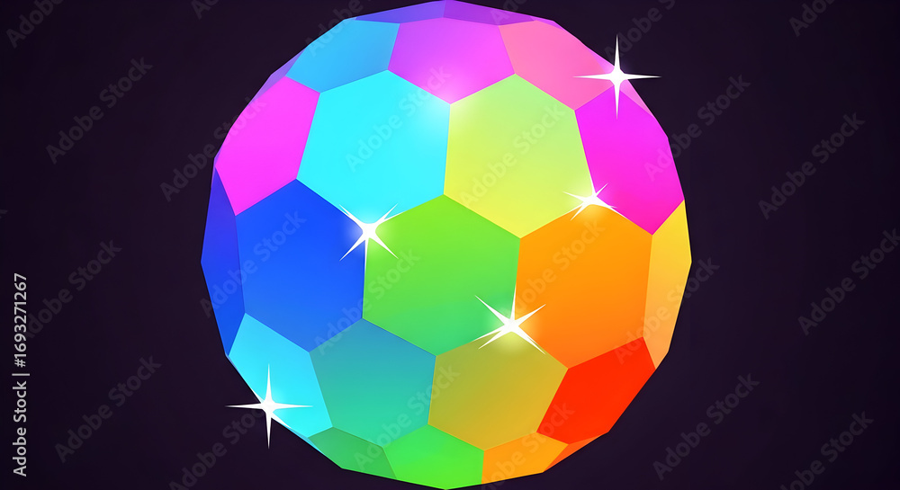 Poster colorful sphere made of hexagons with sparkles on dark background