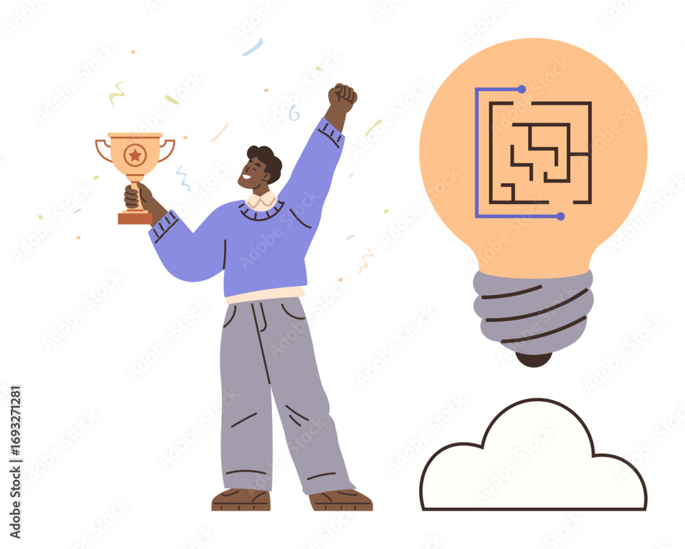 Poster man holding trophy in triumph next to a glowing lightbulb with digital circuit design and cloud. ide