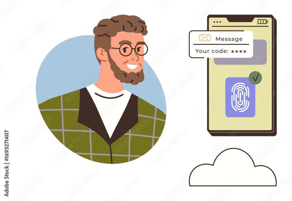 Poster smiling man next to a smartphone screen displaying fingerprint recognition, message with code, and c