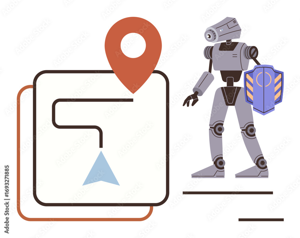 Poster autonomous robot with shield securing a gps navigation route and location pin. ideal for technology,