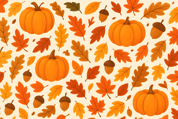 seamless pattern of autumn pumpkins, acorns, and leaves in warm tones