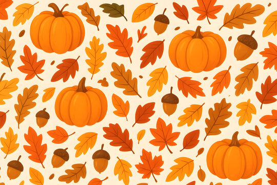 seamless pattern of autumn pumpkins, acorns, and leaves in warm tones