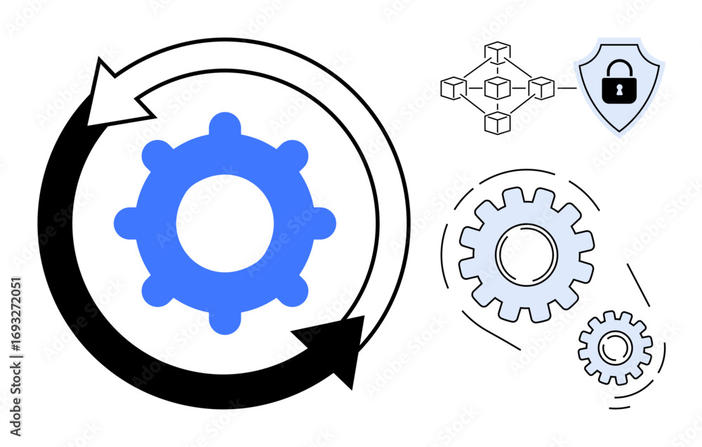 Poster blue gear with circular arrows, blockchain connections, and security shield. ideal for technology, c