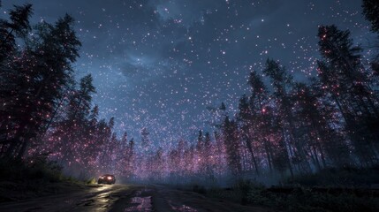Night forest road with stars