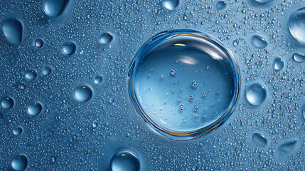 Skincare gel texture macro with water drops on blue glowing surface, luxury hydration concept